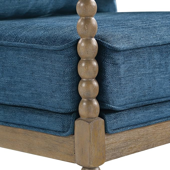 OSP Home Furnishings Fletcher Spindle Accent Chair with Rustic Brown Finish, Navy Blue Upholstery