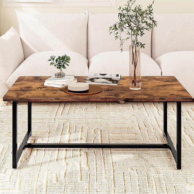Coffee Table Living Room, Modern Center Table Rectangular, Industrial Furniture, Sofa End Tables/Tea Table/Table Basse De Salon with Metal Black Frame Rustic Brown