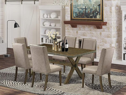 East West Furniture X777FL716-7 7 Piece Dining Room Table Set Consist of a Rectangle Dining Table with X-Legs and 6 Dark Khaki Linen Fabric Upholstered Chairs, 40x72 Inch, Multi-Color