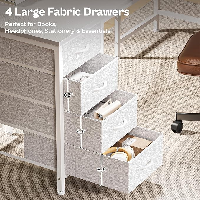 Huuger 55 Inch L Shaped Desk with Fabric Drawers, Reversible Computer Gaming Desk with Power Outlets and USB-C Port, Adjustable Side Storage Shelves, for Work Study Corner Home Office, White