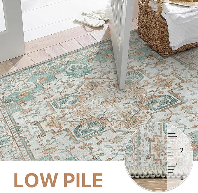 GENIMO 9x12 Area Rugs for Living Room, Machine Washable Non Slip Vintage Rugs, Low Pile Lightweight Chenille Print Rug for Bedroom, Dining Room, Home Office, Cyan