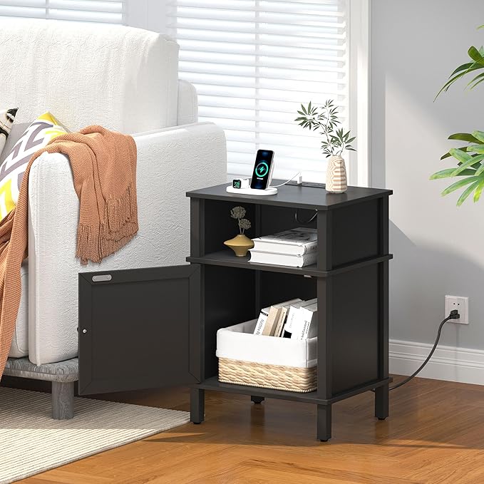 Nightstand with Charging Station, Farmhouse Nightstand, end Table with 2 Tiers Storage Space and Storage Cabinet, Sofa Side Tables for Bedroom, Living Room BZ0601BKE