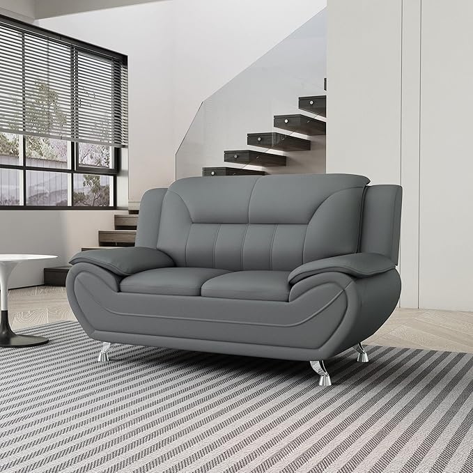 Container Furniture Direct Michael Modern Faux Leather Upholstered Stainless Steel Legs Living Room Loveseat, Sleek Gray