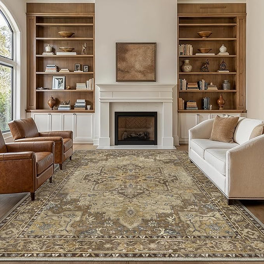 GENIMO 5x7 Area Rugs for Living Room, Machine Washable Non Slip Vintage Rugs, Low Pile Lightweight Chenille Print Rug for Bedroom, Dining Room, Home Office,Rustic Brown
