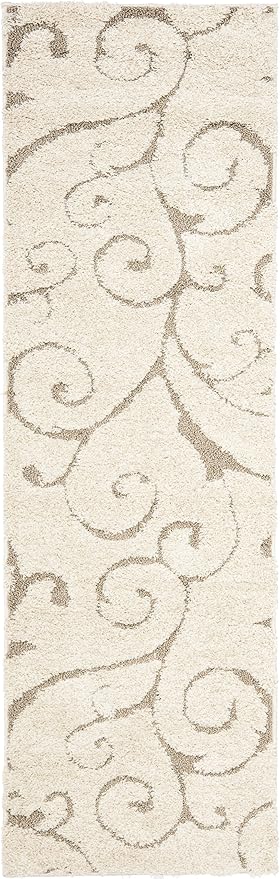 SAFAVIEH Florida Shag Collection Runner Rug - 2'3" x 19', Cream & Beige, Scroll Design, Non-Shedding & Easy Care, 1.2-inch Thick Ideal for High Traffic Areas in Living Room, Bedroom (SG455-1113)