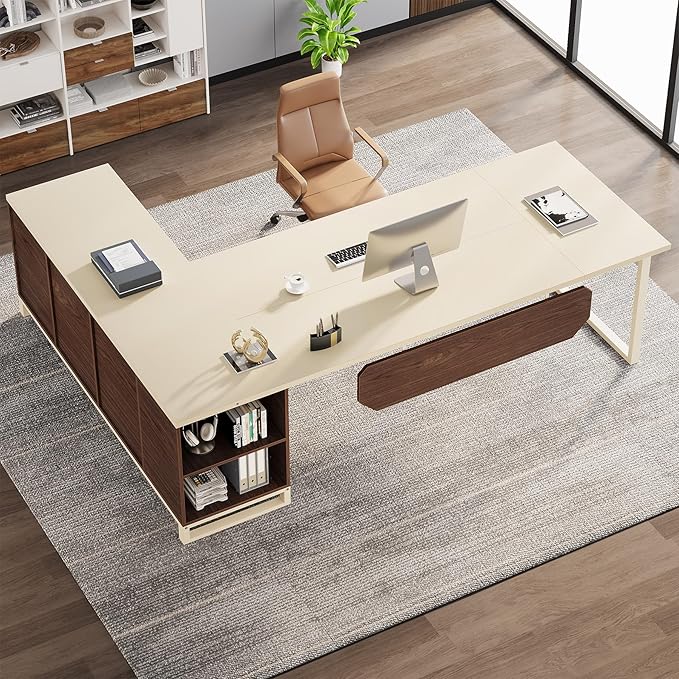 Tribesigns 70.8" Executive Desk with 55" File Cabinet, Modern L Shaped Computer Desk with Storage Shelves and Cabinet, Large L Shaped Executive Desk for Home Office, Beige & Walnut