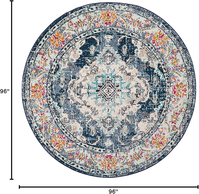 SAFAVIEH Monaco Collection Area Rug - 8' Round, Navy & Light Blue, Boho Chic Medallion Distressed Design, Non-Shedding & Easy Care, Ideal for High Traffic Areas in Living Room, Bedroom (MNC243N)