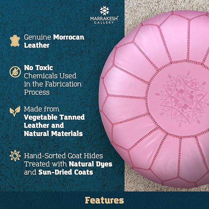 Marrakesh Gallery Genuine Leather Round Pouf Unstuffed - Moroccan Ottoman Footstool, Footrest Cover - Boho Decor - Bohemian Living Room, Bedroom, Kids Room, Gift & Wedding