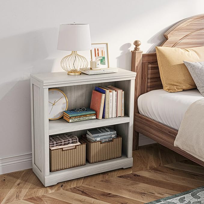 LINSY HOME 2-Tier Bookcase and Bookshelf, Small Wood Display Storage Shelves Farmhouse Bookshelf for Home Office, Living Room, Bed Room - White Oak