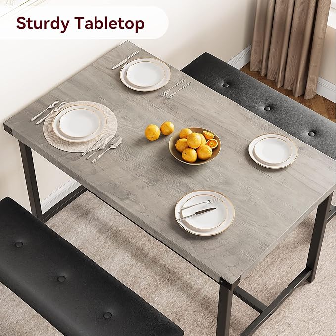 Garvee Dining Table with 2 Benches, Kitchen Table with 2 Upholstered Benches Rectangular Space Saving for Apartment, Dining Room, Kitchen, 44.5 Inches Large, Grey