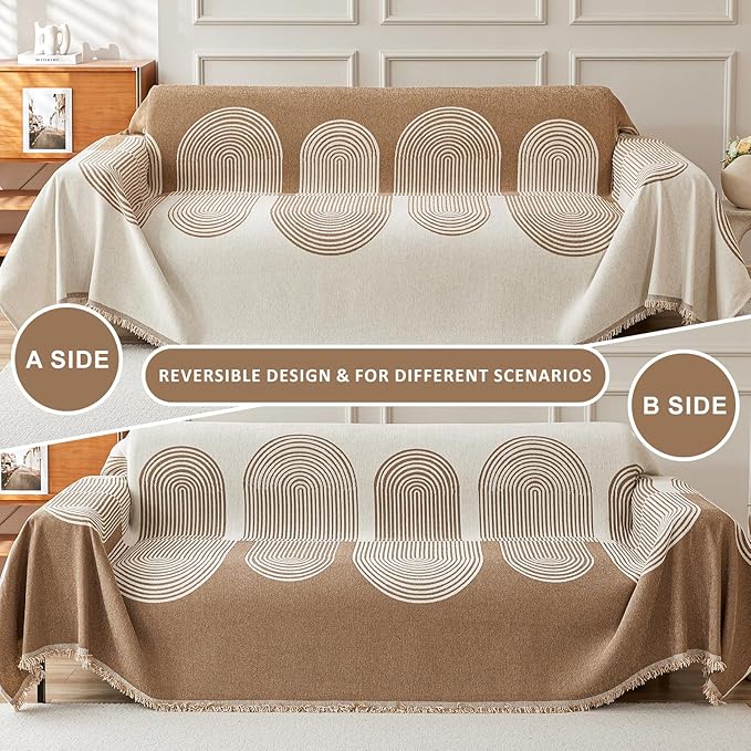STACYPIK Modern Beige Geometric Couch Cover for Dog Boho Reversible Sofa Covers for 3 Cushion Couch Washable Furniture Protector Chenille Sofa Slipcover Loveseat Cover Multi-Use Throw Blanket-71X134IN