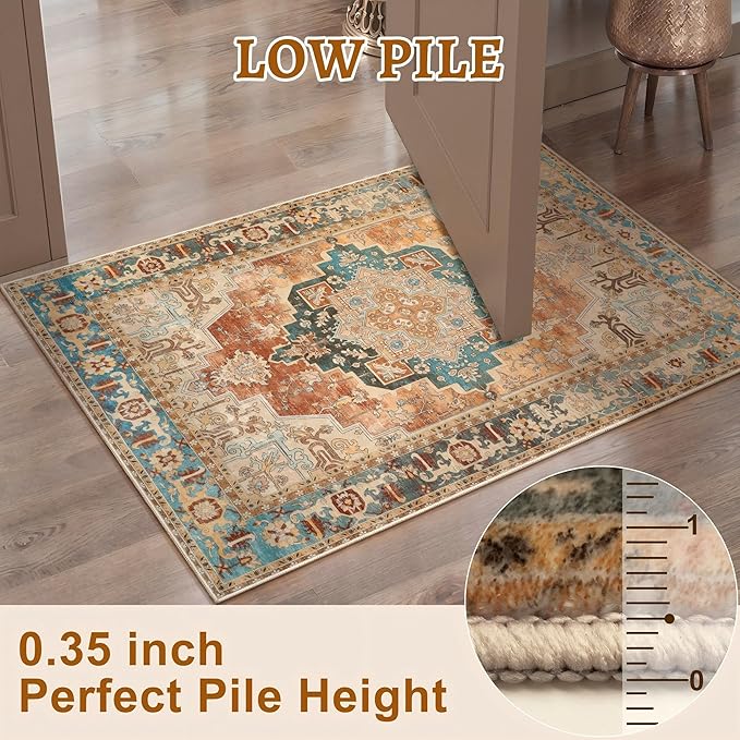 Tangsoo 2x3 Small Rug for Entryway, Washable Rugs Vintage Non Slip Small Area Rug, Indoor Front Door Rug, Print Distressed Door Mat Carpet, Soft Low Pile Rugs for Entry Entrance Kitchen Bedroom