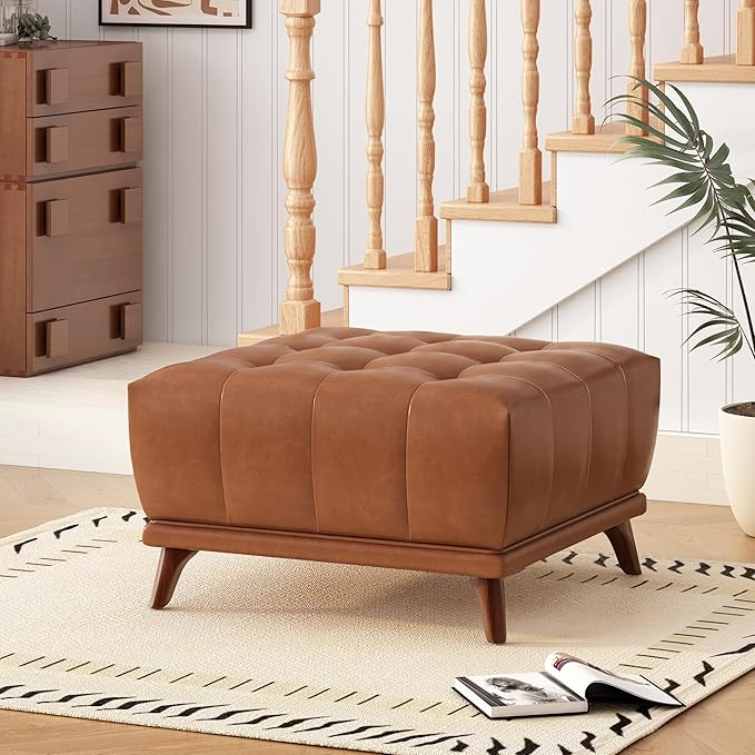 Christopher Knight Home Kinsley Square Ottoman Footstool, Ottoman Chair with Large Seat, Faux Leather Upholstery Coffee Table, Modern Side Table for Living Room Bedroom Home Decor, Brown
