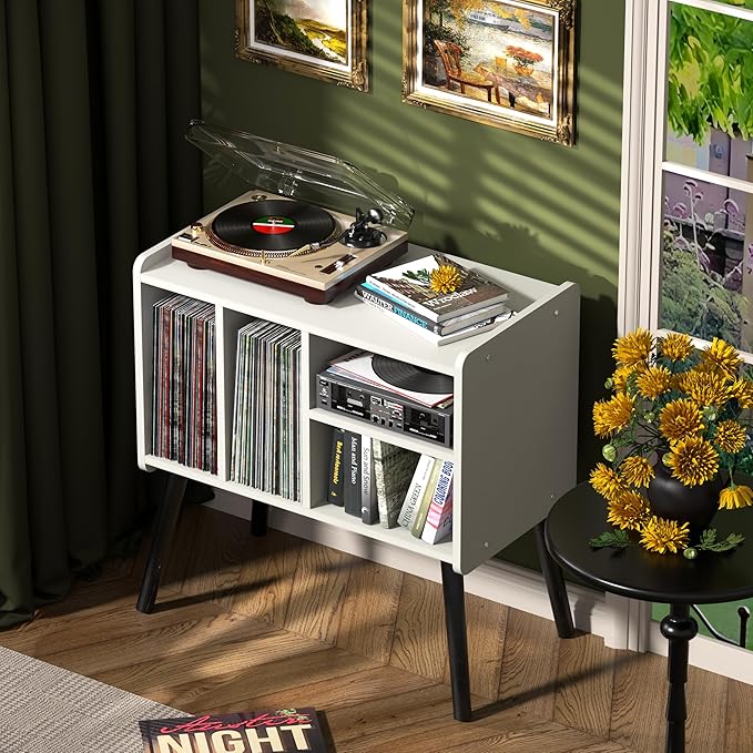 Record Player Table, Mid-Century Record Player Stand with Vinyl Storage Hold Up to 150+ Albums, Vinyl Record Cabinet with Adjustable Shelves, Wood Turntable Stand for Music Living Room (White)