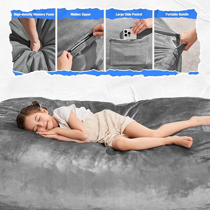 Hobestluk 3FT Bean Bag Chair Large Beanbag with Removable Cover Adult Bean Bag Chair with Portable Handle Desgin for Living Room Bedroom (Grey, 3FT)