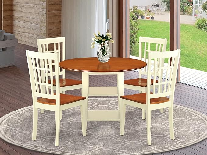 East West Furniture SUNI5-BMK-W 5 Piece Modern Dining Table Set Includes a Round Wooden Table with Dropleaf & Shelves and 4 Dining Room Chairs, 42x42 Inch, Buttermilk & Cherry