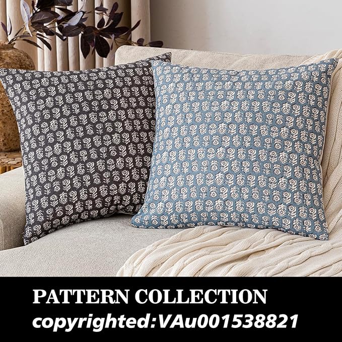Foindtower Set of 2 Decorative Neutral Floral Print Throw Pillow Covers Vintage Accent Farmhouse Cushion Covers Boho Home Decor for Sofa Couch Chair Bedroom Living Room Outdoor,24×24 Inch,Dusty Blue