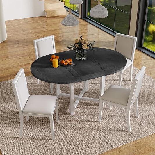 Merax 5-Piece Extendable Dining Table and 4 Upholstered Chairs, Round Oval Dining Table Set for 4, Wood MDF Kitchen Table Set with Removable Leaf for Dining Room, 42" to 58" (Grey+White)