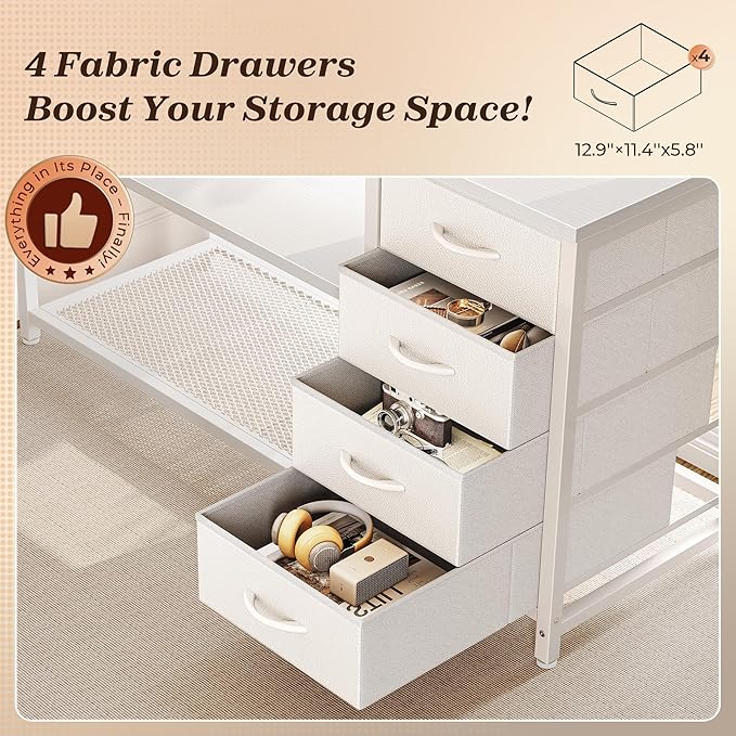 PRAISUN 61" L Shaped Desk with Power Outlets and USB-C Port, Reversible Computer Corner Office Desk with 4 Fabric Drawers and 2 Height-Adjustable Shelves, Large for Gaming Writing Work Study, White