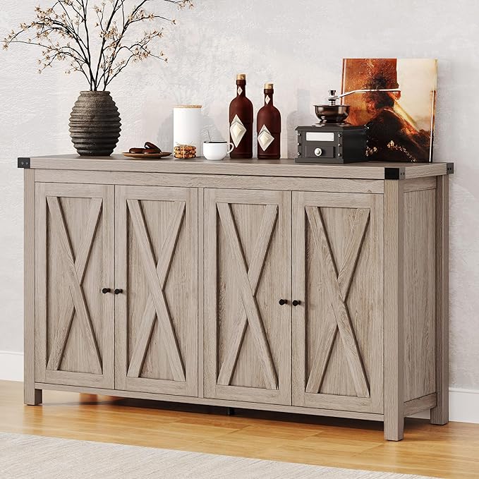DWVO 55'' Sideboard Buffet Cabinet with Storage, Farmhouse Kitchen Storage Cabinet with Doors, Large Coffee Bar Cabinets with Adjustable Shelves for Kitchen, Living Room, Grey