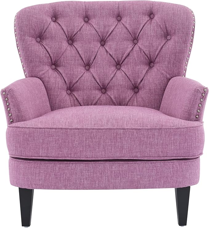 Ball & Cast Accent Chair,Mid-Century Lounge Living Room Chairs with Button Tufting,Upholstered Reading Accent Chair W/Solid Wood Legs and Curved Backrest,for Bedroom,Apartment,Pink