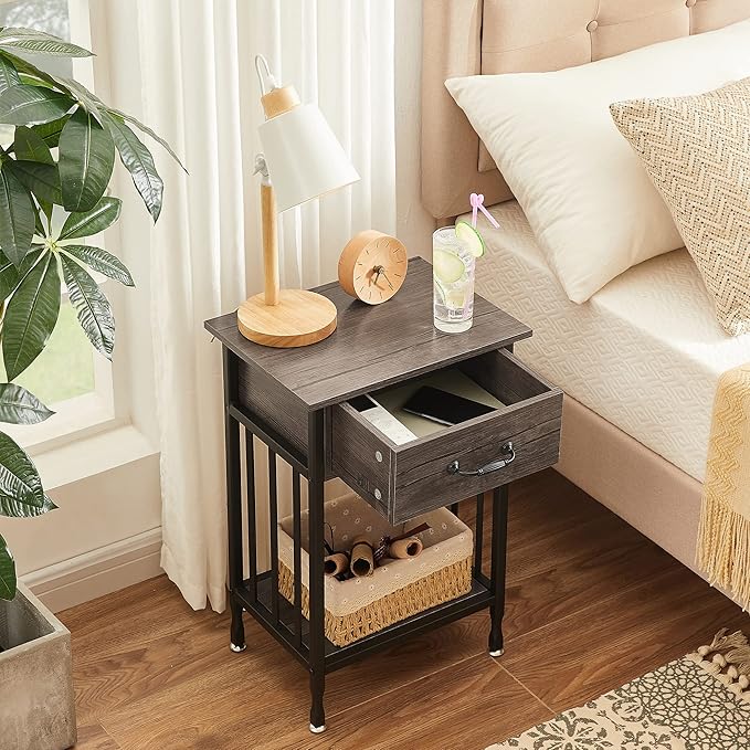 VECELO Nightstands, Industrial Side Table/End Tables with Drawer and Storage Shelf, Night Stands for Bedroom, Living Room, Wood Metal Furniture, Easy Assembly