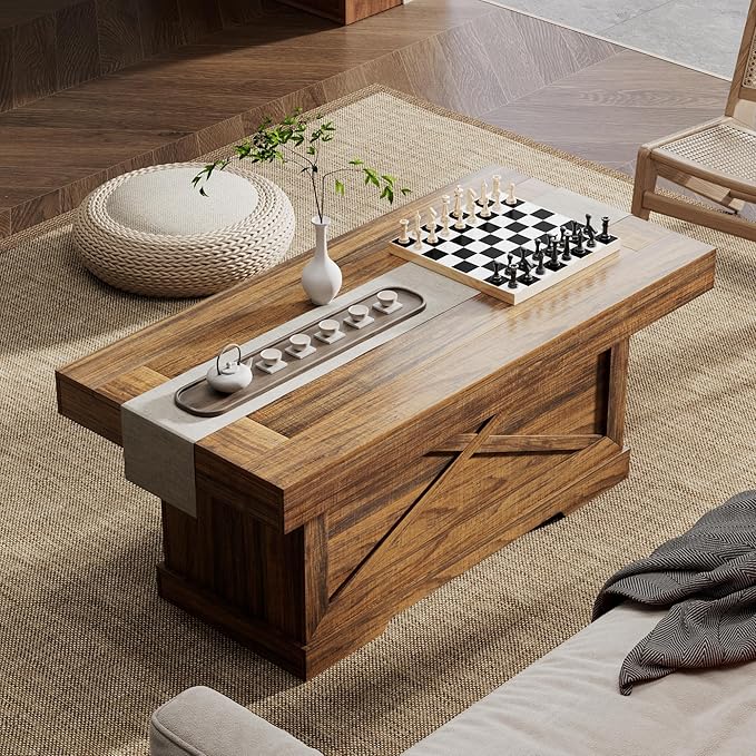 Coffee Table 39 in Rustic Center Table with X-Design Wooden Pedestal for Living Room, Space Saving, Easy Assembly Rectangle Home Office Tea Accent Table for Dining Room Apartment, Walnut