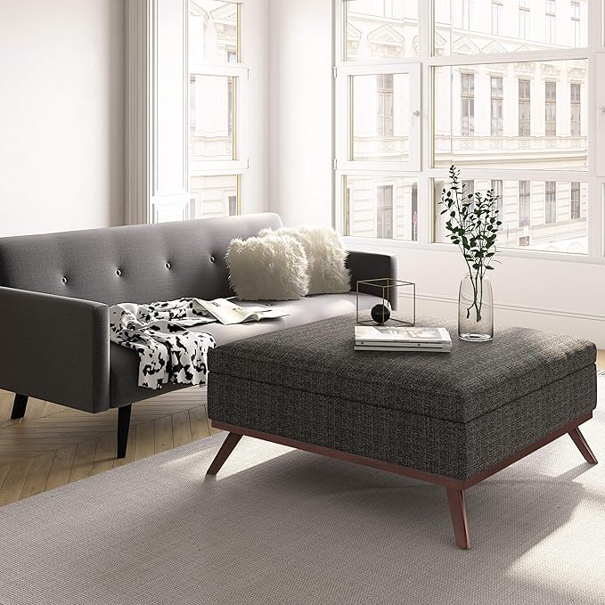 SIMPLIHOME Owen 36 inch Wide Mid Century Modern Square Coffee Table Storage Ottoman in Ebony Tweed Look Fabric, Assembled, for the Living Room, Entryway and Family Room