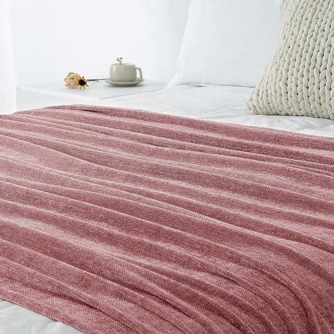 Chenille Throw Blanket for Couch 50"X 60", Soft Cozy Throws with Fringe Tassel for Bed Sofa Chair Cover, Lightweight Knitted Decorative Boho Blankets for Living Room, Mauve