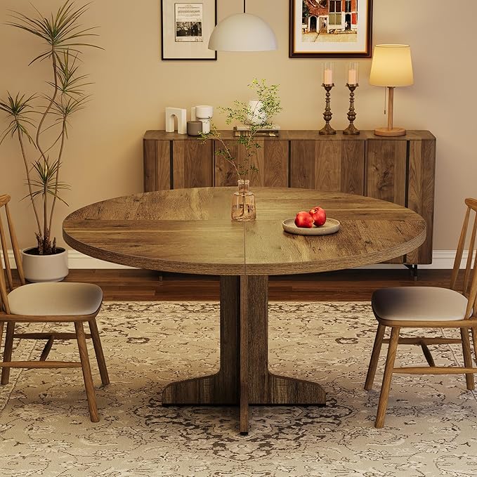 GarveeHome Round Dining Table for 4, 47 Inch Farmhouse Circle Kitchen Table with Wood Tabletop and Stable Base, for Home Dining Room Living Room, Brown (Only Table)