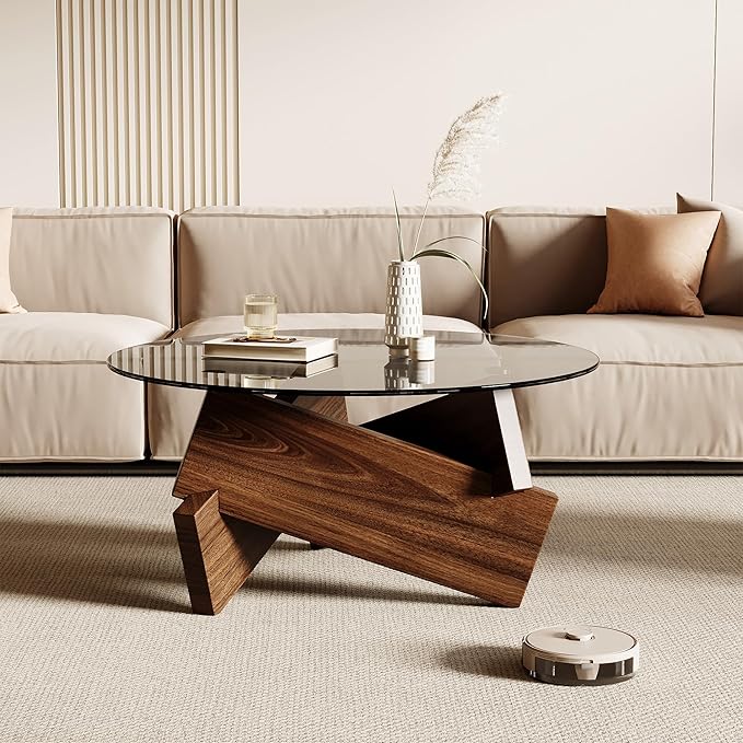 Honyee Morden Rounded Coffee Table, 30.7" x 30.7" x 16.1" Tempered Glass Top for Living Room, Color: Walnut