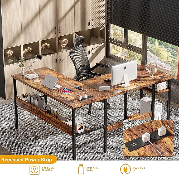 Unikito L Shaped Computer Desk with Magic Power Outlets and USB Charging Ports, Sturdy Reversible Corner Desk with Storage Shelves, Modern Work Desk for Home Office, Easy to Assemble, Rustic Brown