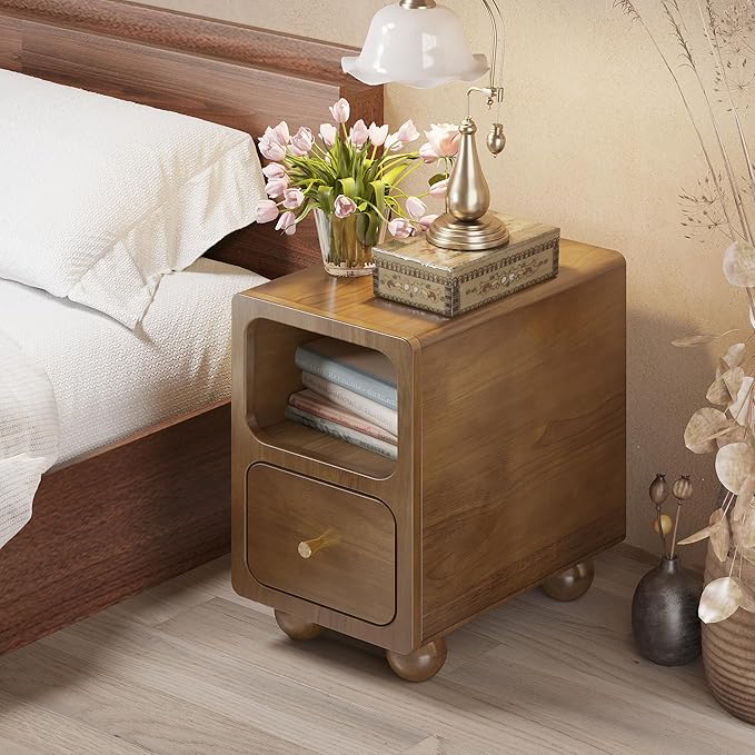 Solid Wood Nightstand, Narrow Night Stand with Drawers, Walnut Mid Century Modern Nightstand, Small Beside Table with Open Storage Shelf for Bedroom (12 inch)