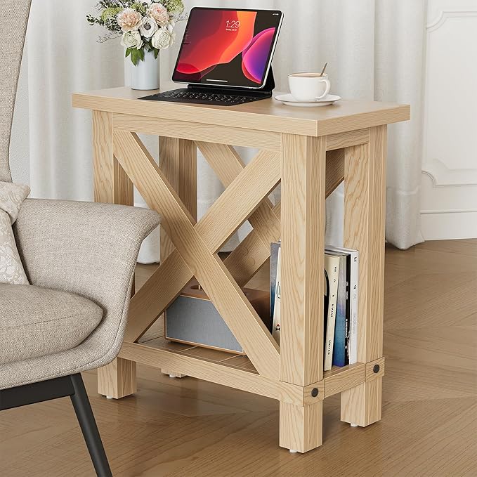 LITTLE TREE Farmhouse Side Table Set of 2, Narrow End Table for Space Saving, Bedside Furniture for Bedroom, Living Room, Small Spaces, Oak