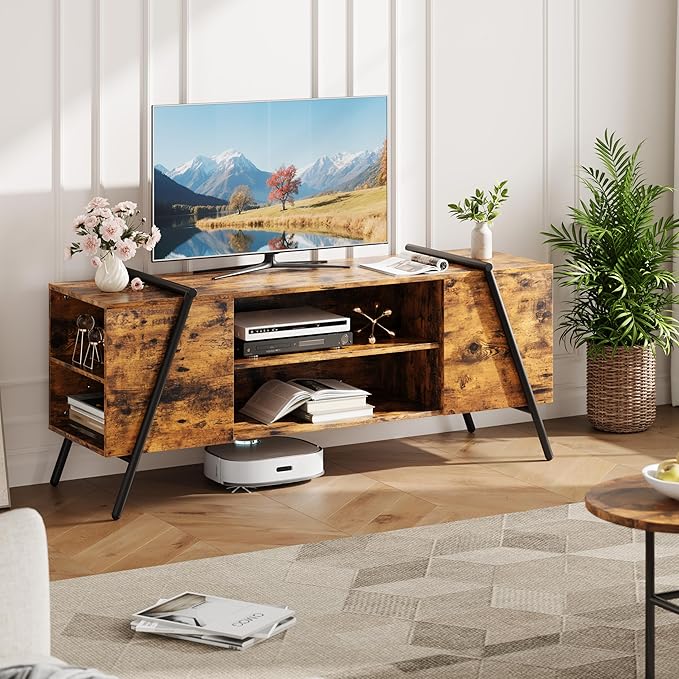 Garvee 55 Inch TV Stand with Slanted Metal Legs, Industrial Media Console with Adjustable Open Shelves, Wooden Entertainment Center Television Stand for Living Room, Bedroom, Orange Oak