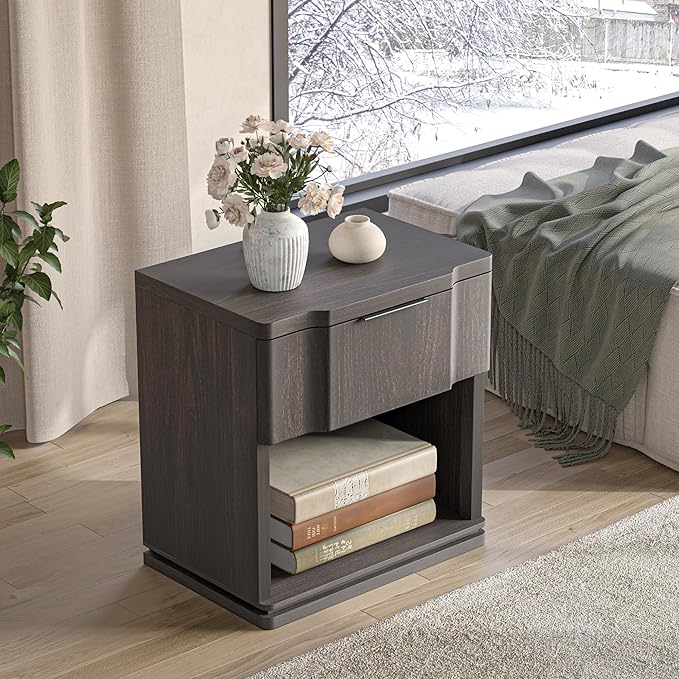 Nightstand with Charging Station, Wooden Curved Night Stand Bedside Tables with Storage Shelf & Drawer, Large Mid Century Modern Accent End Table for Bedroom Living Room Office
