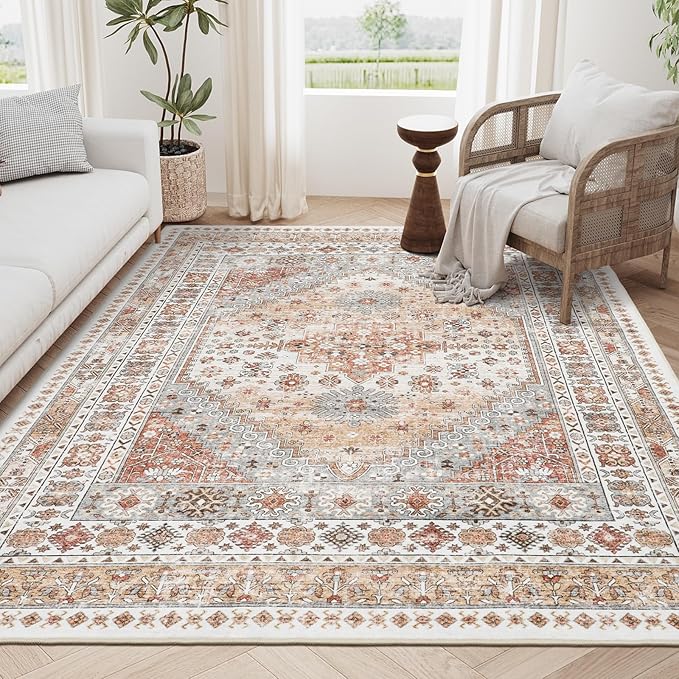zesthome 6x9 Area Rug, Super Soft Washable Rugs for Living Room, Non-Slip Stain Resistant Vintage Rugs, Ultra-Thin Large Area Rugs (Orange,6'x9')