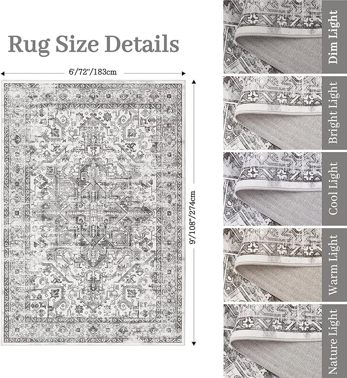 zesthome 6x9 Area Rug, Super Soft Washable Rugs for Living Room, Non-Slip Stain Resistant Vintage Rugs, Ultra-Thin Large Area Rugs (Grey/White,6'x9')