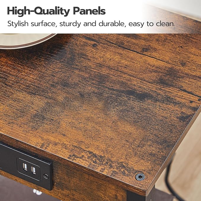 HOOBRO Side Table with Charging Station, End Table with USB Ports and Outlet, Nightstand with Storage Shelf, Faux Rattan Decoration, for Living Room, Bedroom, Rustic Brown and Black BF91UBZ01