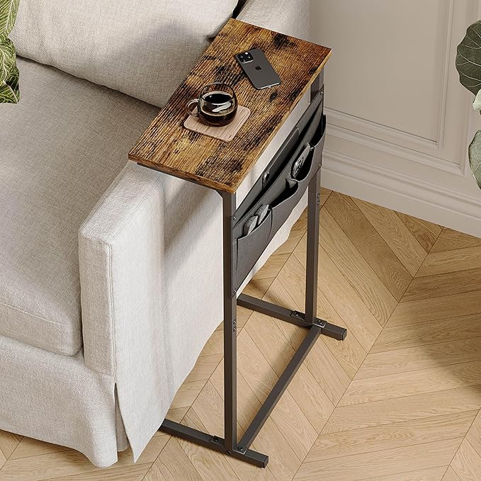 C Shaped End Table, Side Table for Sofa, Small TV Tray, Couch Table with Storage Bag for Small Space, Living Room, Bedroom, Home Office LET501R (Rustic Brown)