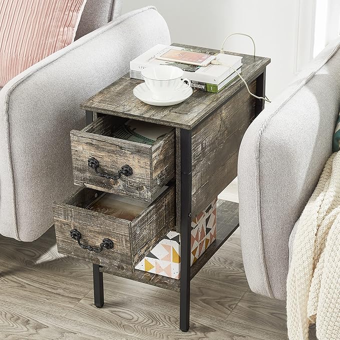 VECELO End Tables,Narrow Nightstands with Charging Station & USB Ports &Drawers,Night Stand for Living Room, Bedroom,Graylish