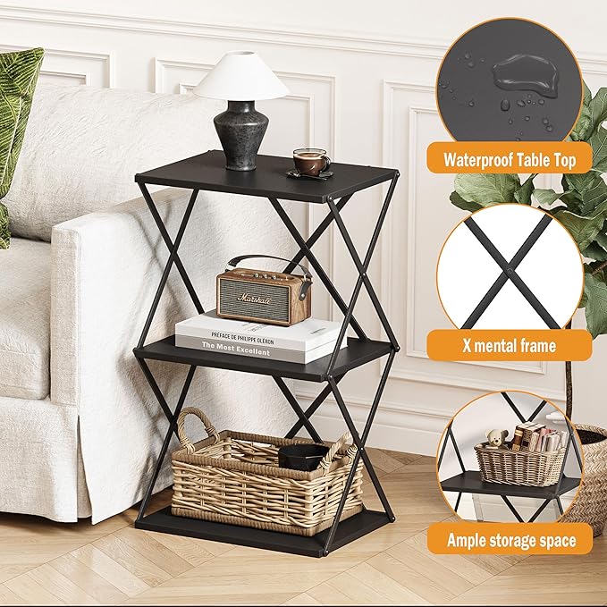3-Tier End Table Small Side Table Tall Bedside Night Stand with Storage Sofa Side desks for Living Room Bedroom Office Bathroom Small Space Black ET-03BK