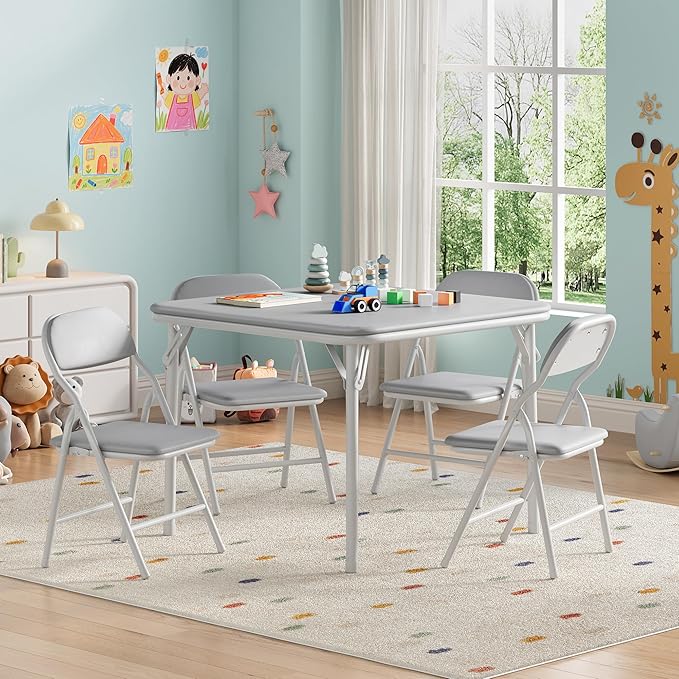 GarveeHome 5-Piece Kids Folding Table and Chairs Set, Toddlers Children's Activity Table and Chairs Set for Dining Room,Daycare,Classrooms