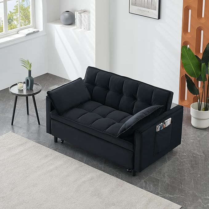 Ball & Cast 55" Convertible Sleeper Sofa Bed,Convertible Pull Out Couch with 2 Pillows,Adjustable Backrest & Side Pocket,Loveseat Futon Sofa Bed for Living Room,Apartment,Velvet Fabric,Black