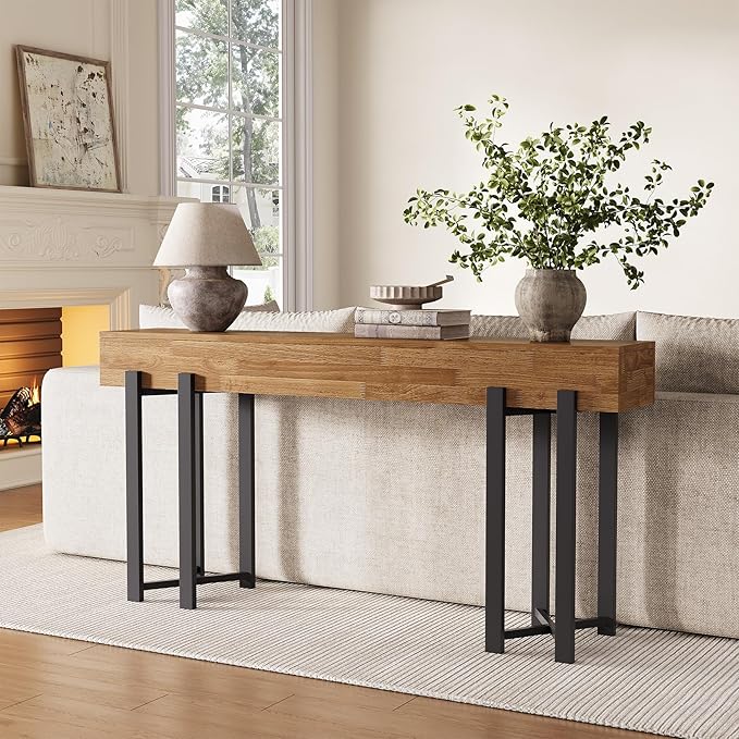 LITTLE TREE 63-Inch Console Table for Entryway, Farmhouse Behind Couch Table, Minimalist Sofa Table for Living Room, Long Wooden Hallway Foyer Table with Black Metal Frame, Oak