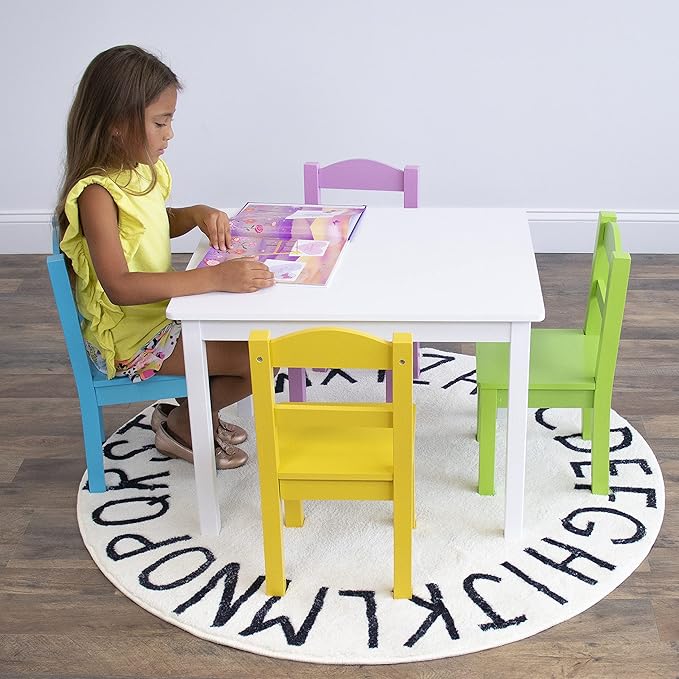 Humble Crew Kids Wooden Table and 4 Chairs Set, White/Pastels - Kids Table and Chair Set for Toddlers and Children for Arts, Crafts, and Snack Time - Sturdy, Durable Toddler Activity Table