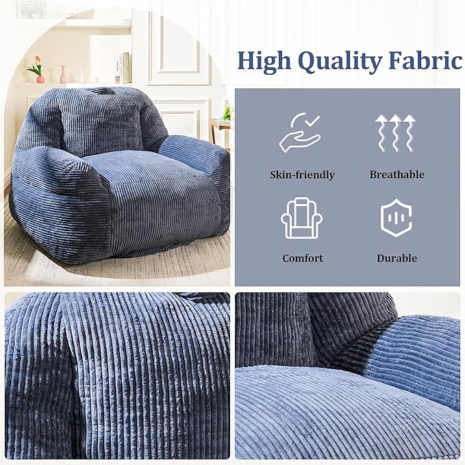 Bean Bag Chair, Faux Fur Bean Bag Chairs for Adults, Fluffy and Comfy Bean Bag with Filler, Bean Bag Sofa Chair for Reading, Gaming, Stuffed High-Density Foam (Grey)