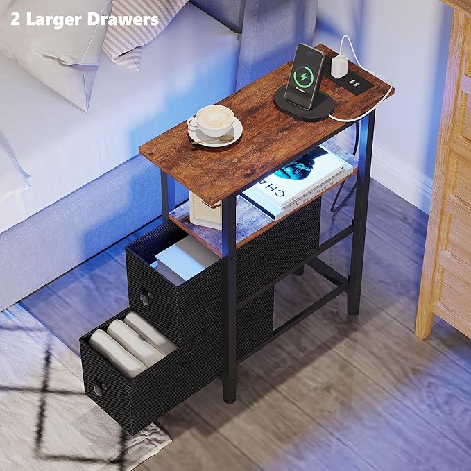 End Table Set 2 with Charging Station, Narrow Side Table with 2 Fabric Drawers, Skinny Nightstand with LED Light, Slim Bedside Table for Bedroom, Living Room, Small Spaces, Brown and Black
