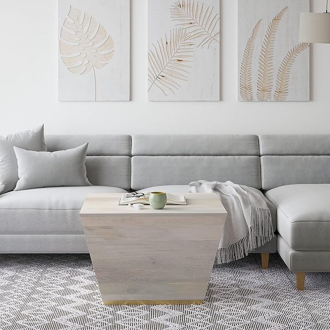 SIMPLIHOME Abba Square Coffee Table - 28 inch Wide Solid Mango Wood Modern Cocktail Table in White Wash, Contemporary Table for Living Room with Low Profile Block Design, Assembled