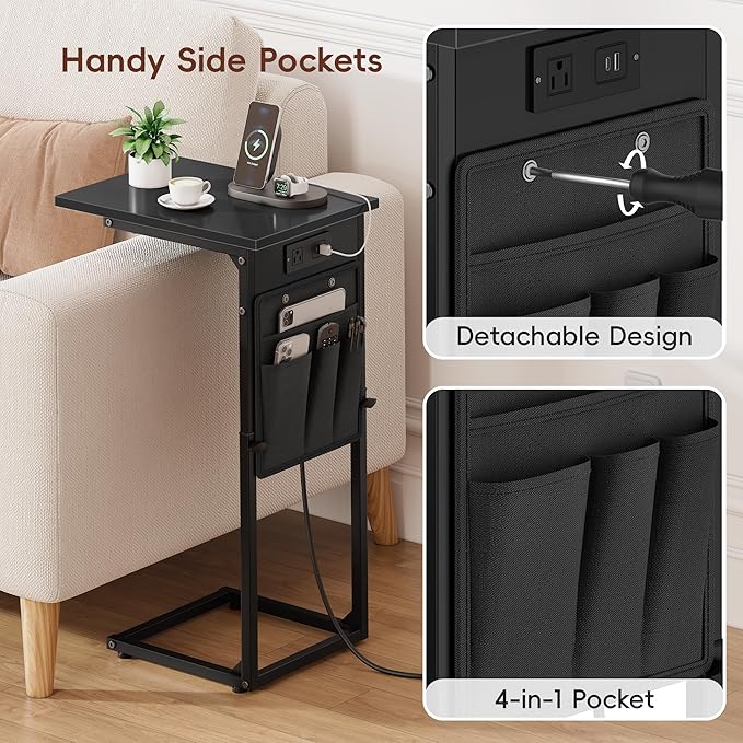 Vagusicc C Shaped End Table with Charging Station, Adjustable Height Side Table for Sofa, Couch Side Table for Small Spaces, Slide Under Sofa TV Tray Snack Arm Tables for Living Room, Bedroom, Black
